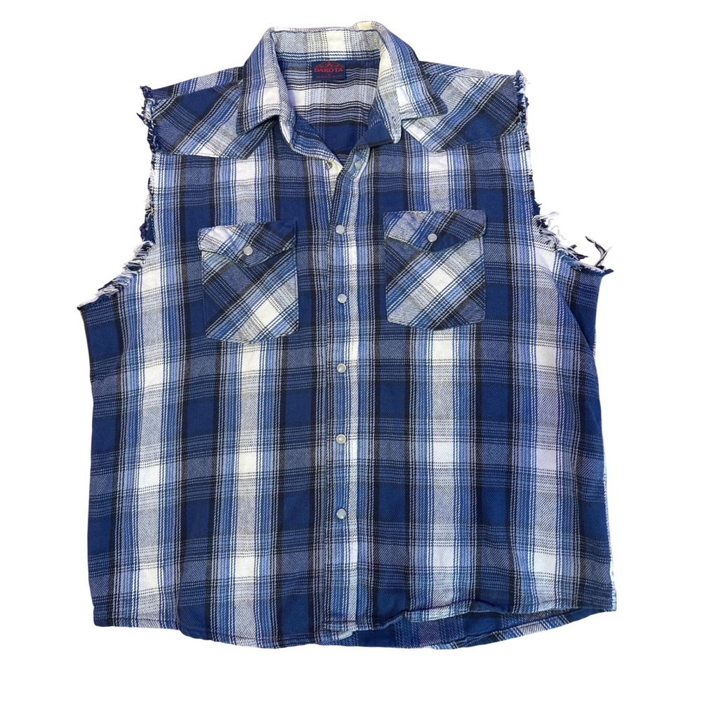 Dakota Mens Blue Plaid Sleeveless Flannel Snap Button Shirt Grunge 90s Vibes, L
